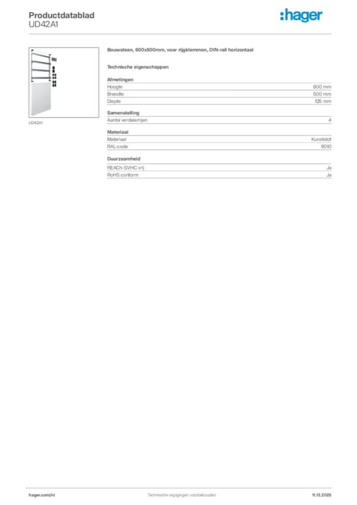 Afbeelding Hager Productdatablad UD42A1 | Hager Nederland