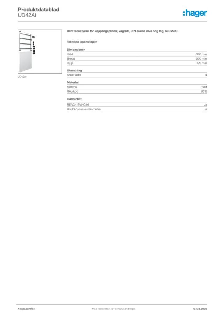 Bild Hager Produktdatablad UD42A1 | Hager Sverige