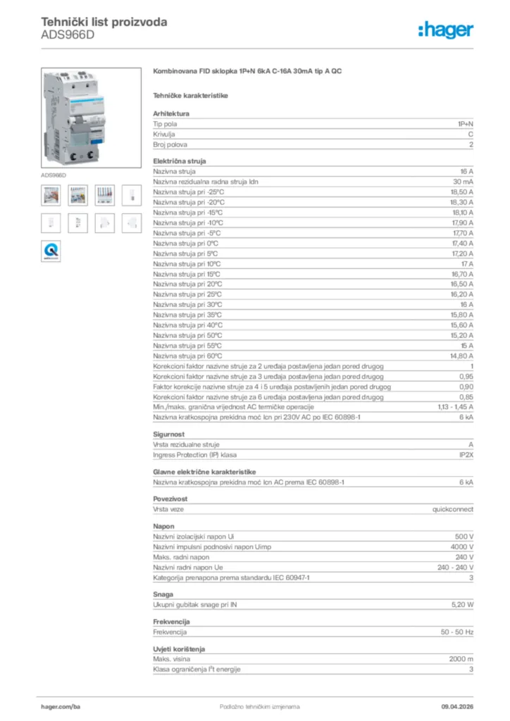 Slika Hager Tehnički list proizvoda ADS966D  | Hager