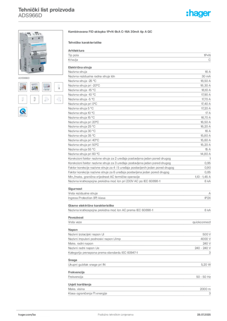 Slika Hager Product data sheet ADS966D  | Hager