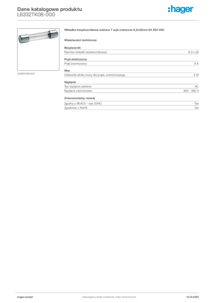 Zdjęcie Hager Karta katalogowa L6332TK08-000 | Hager Polska