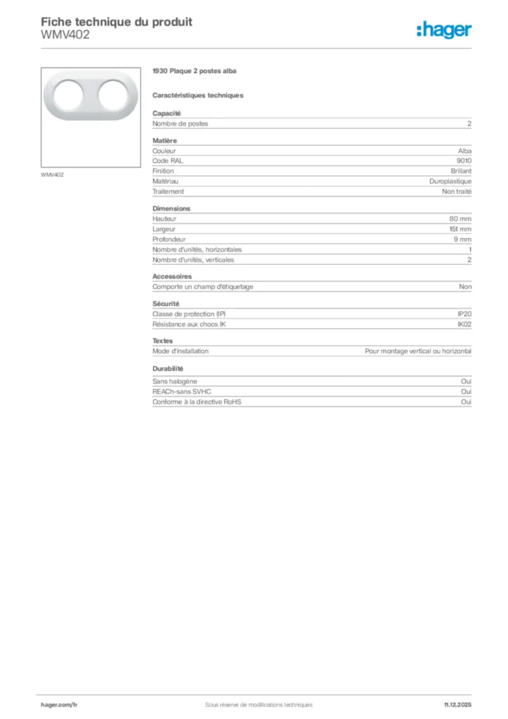 Image Hager Fiche technique du produit WMV402 | Hager France