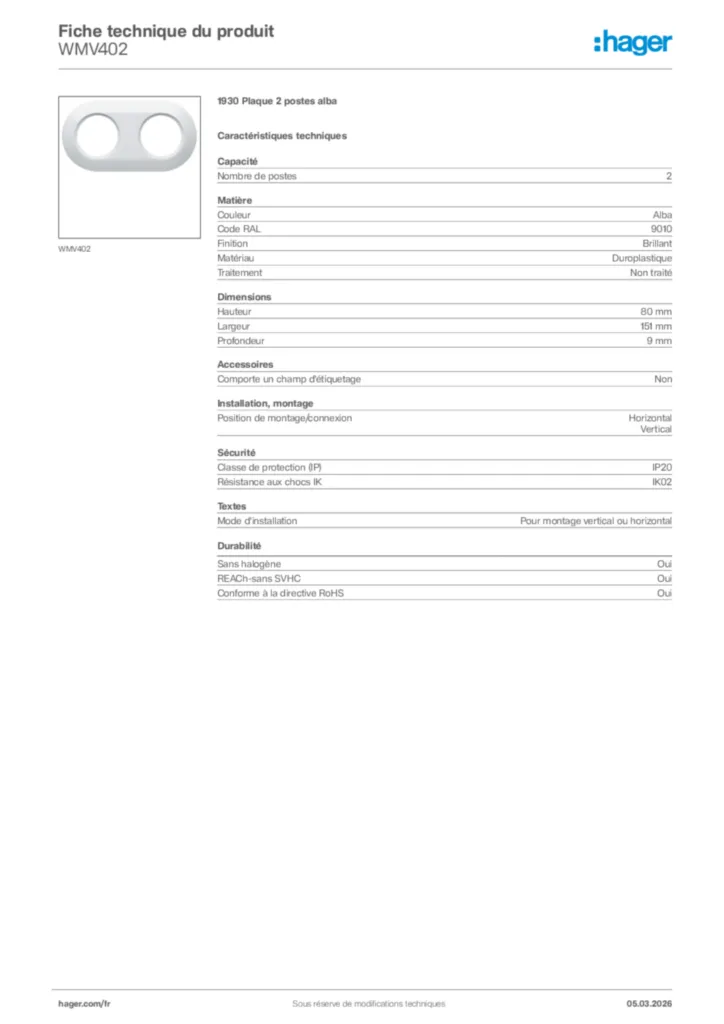 Image Hager Fiche technique du produit WMV402 | Hager France