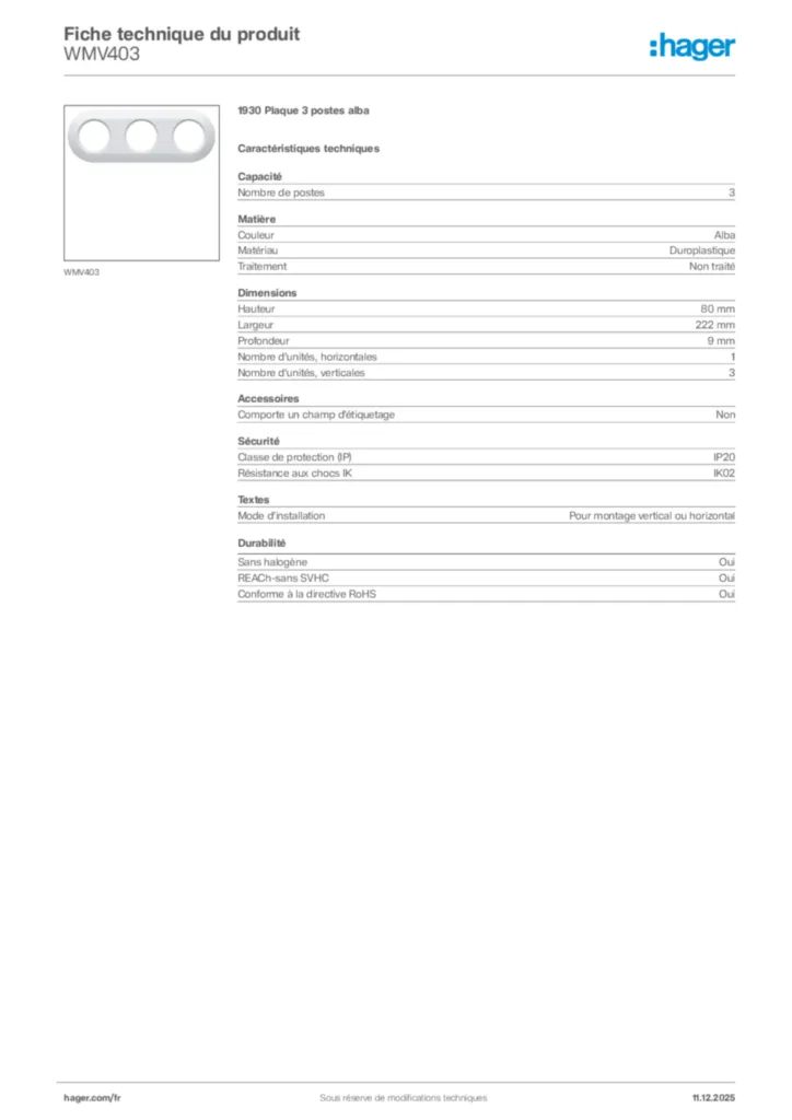Image Hager Fiche technique du produit WMV403 | Hager France