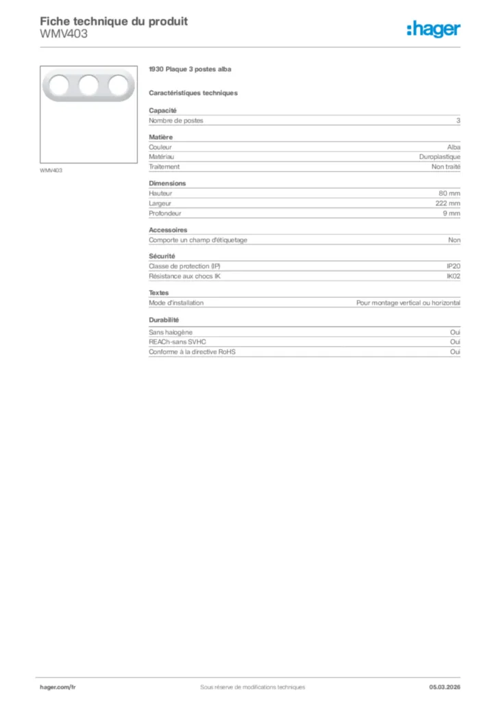 Image Hager Fiche technique du produit WMV403 | Hager France