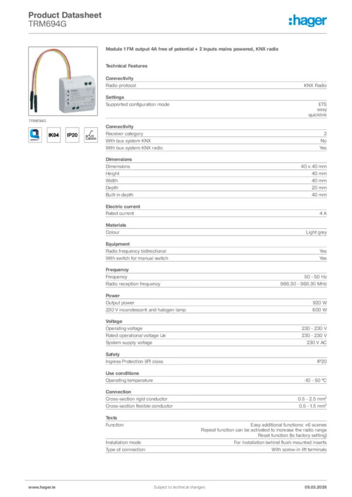 Image Hager Product data sheet TRM694G  | Hager