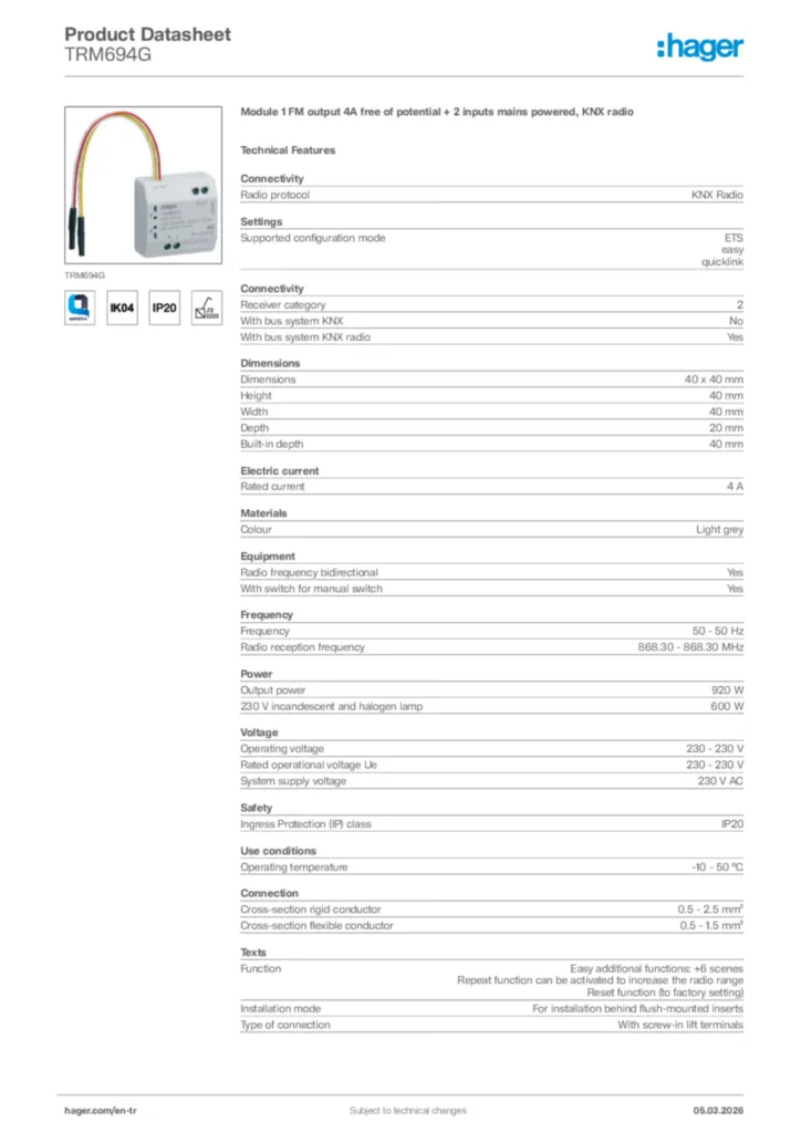 Image Hager Product data sheet TRM694G  | Hager