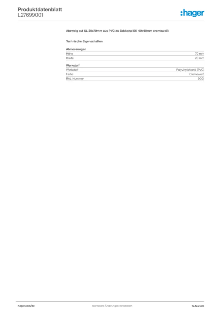 Bild Hager Produktdatenblatt L27699001 | Hager Deutschland