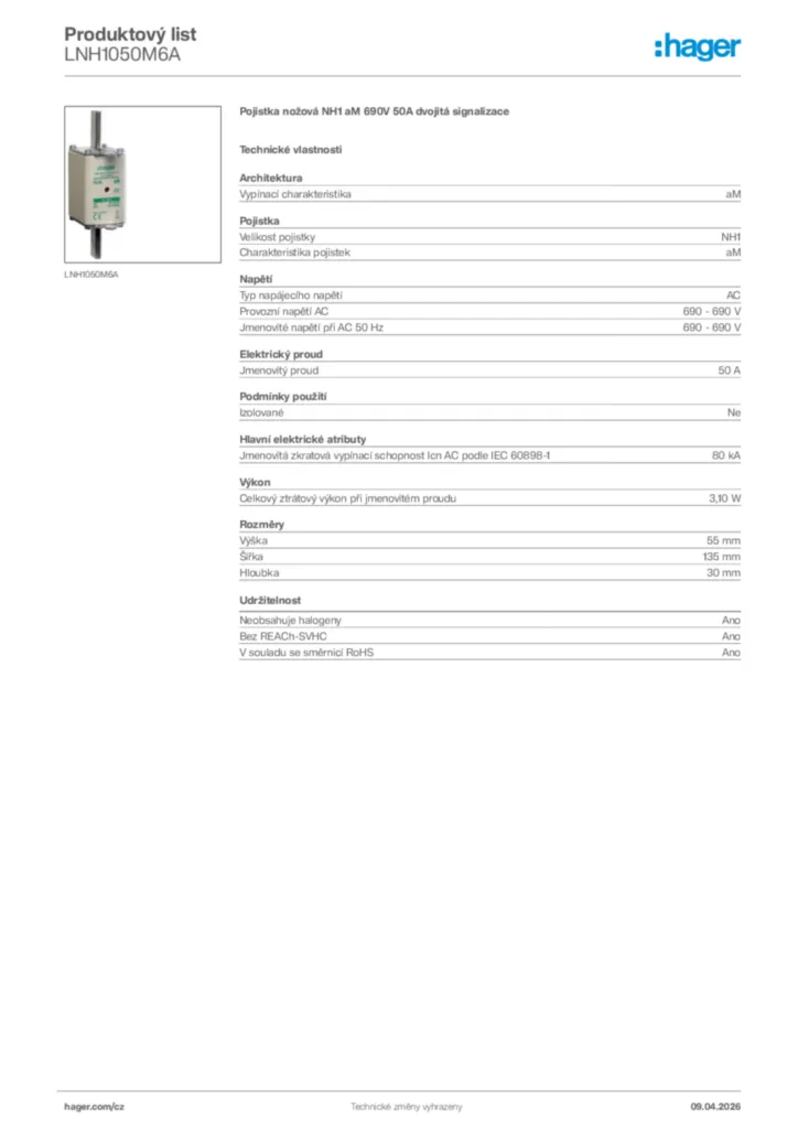 Obrázek Hager Product data sheet LNH1050M6A | Hager