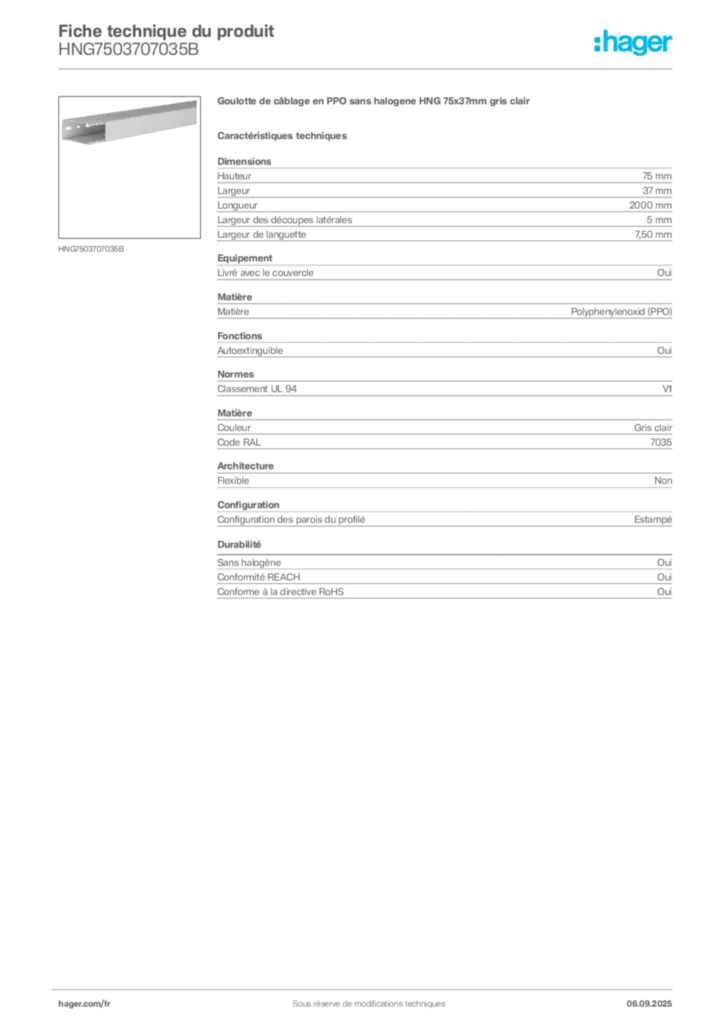 Image Hager Fiche technique du produit HNG7503707035B | Hager France