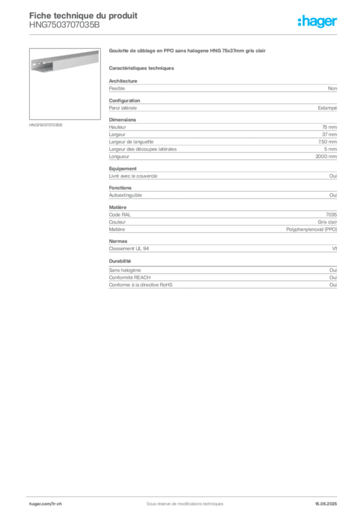Image Hager Fiche technique du produit HNG7503707035B | Hager Suisse