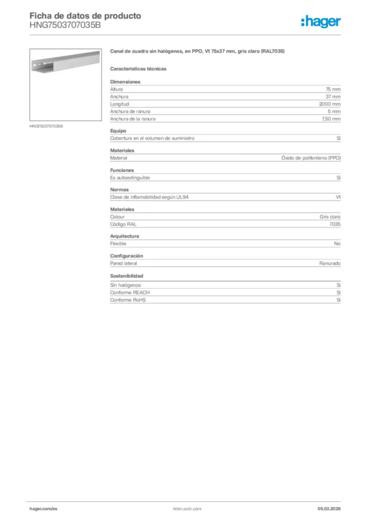 Imagen Hager Ficha de datos de producto HNG7503707035B | Hager España