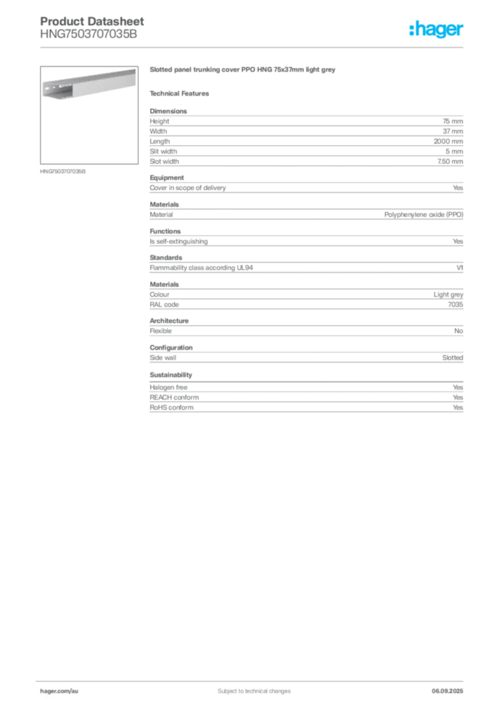 Image Hager Product data sheet HNG7503707035B  | Hager Australia