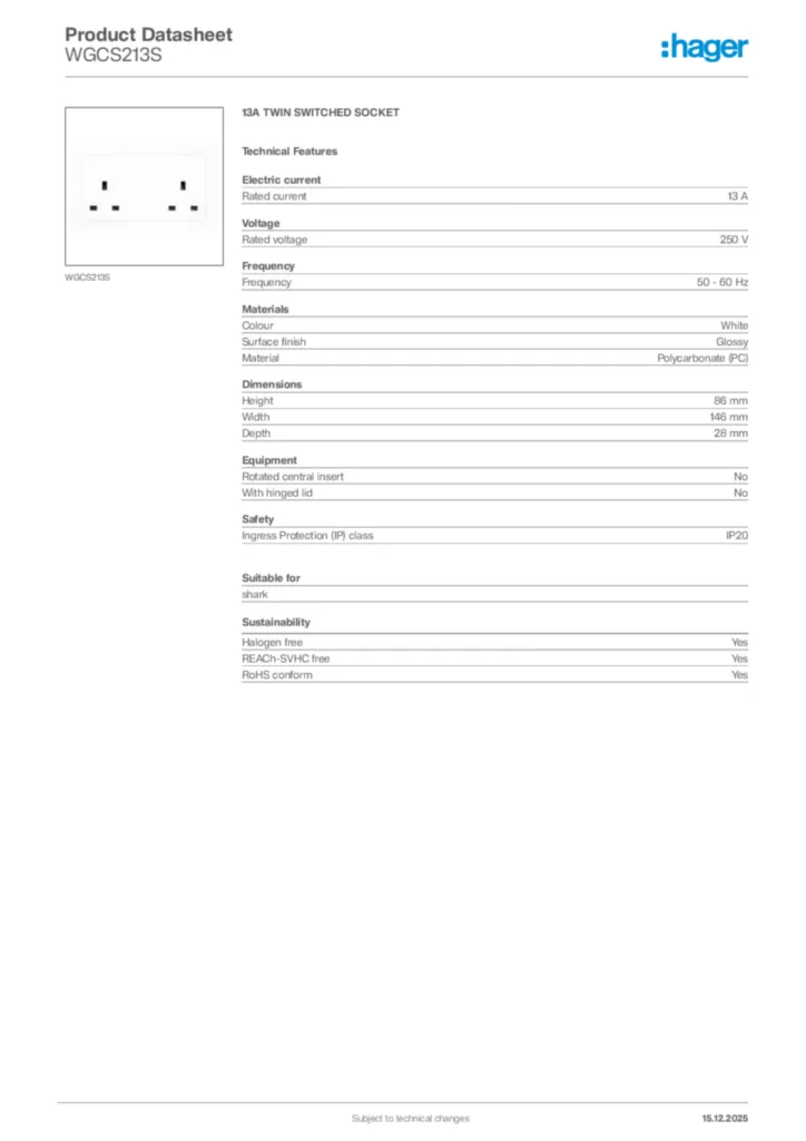 Image Hager Product data sheet WGCS213S  | Hager