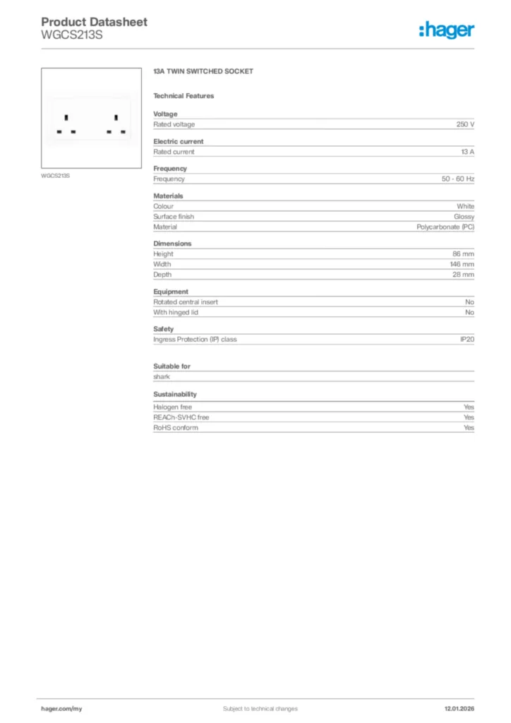 Image Hager Product data sheet WGCS213S  | Hager