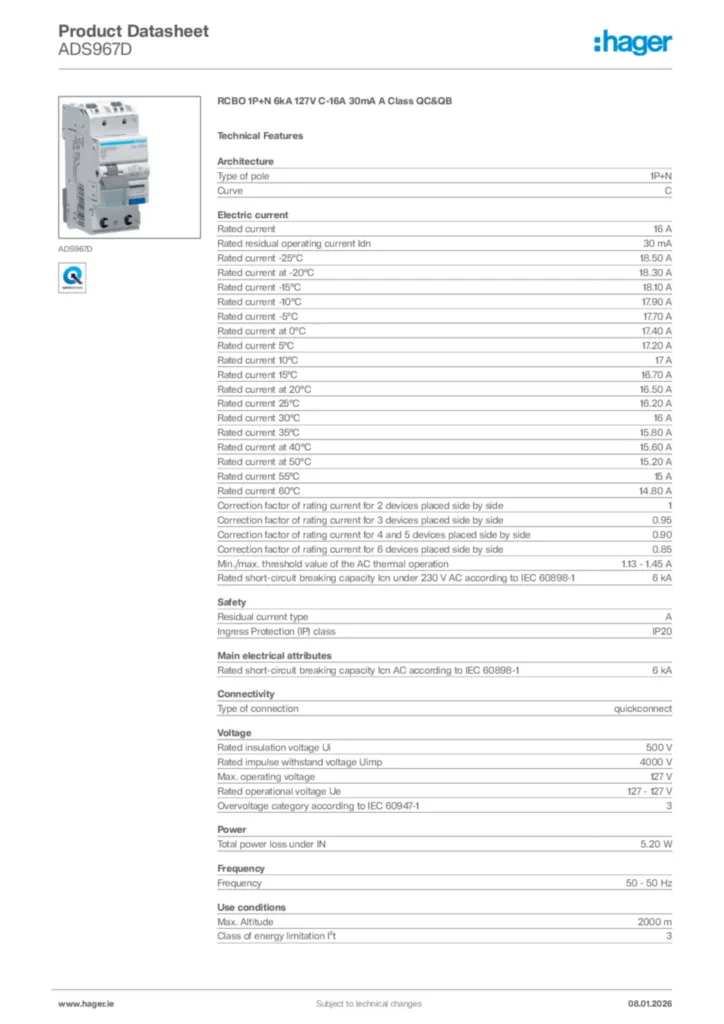 Image Hager Product data sheet ADS967D  | Hager
