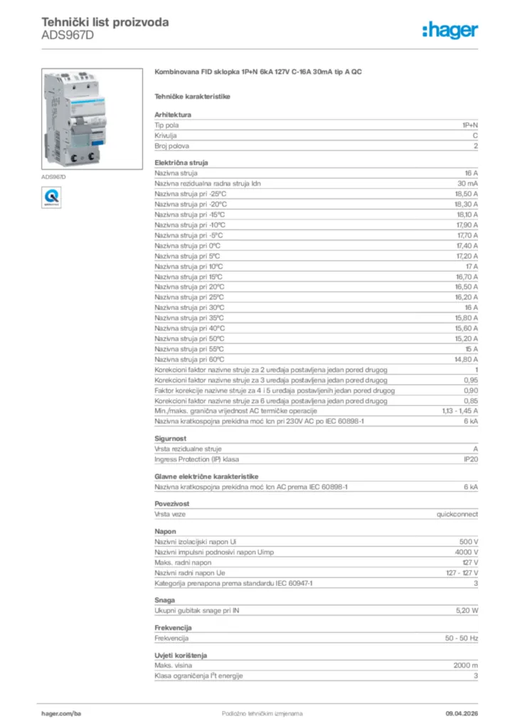 Slika Hager Tehnički list proizvoda ADS967D  | Hager