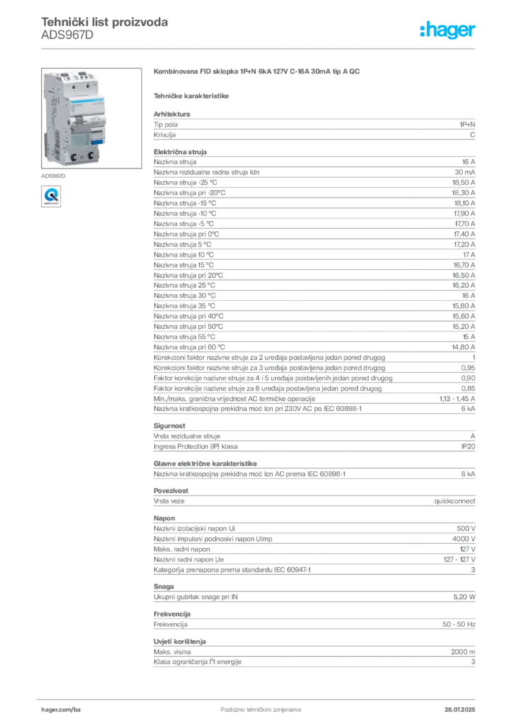 Slika Hager Product data sheet ADS967D  | Hager