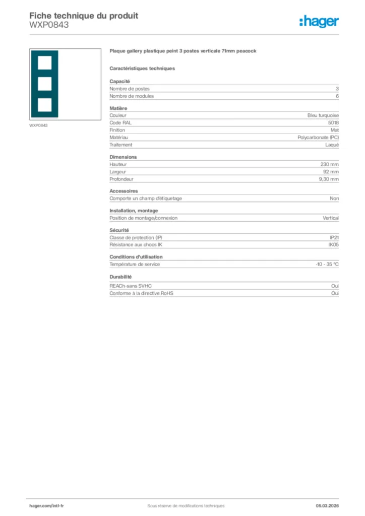 Image Hager Fiche technique du produit WXP0843 | Hager Afrique