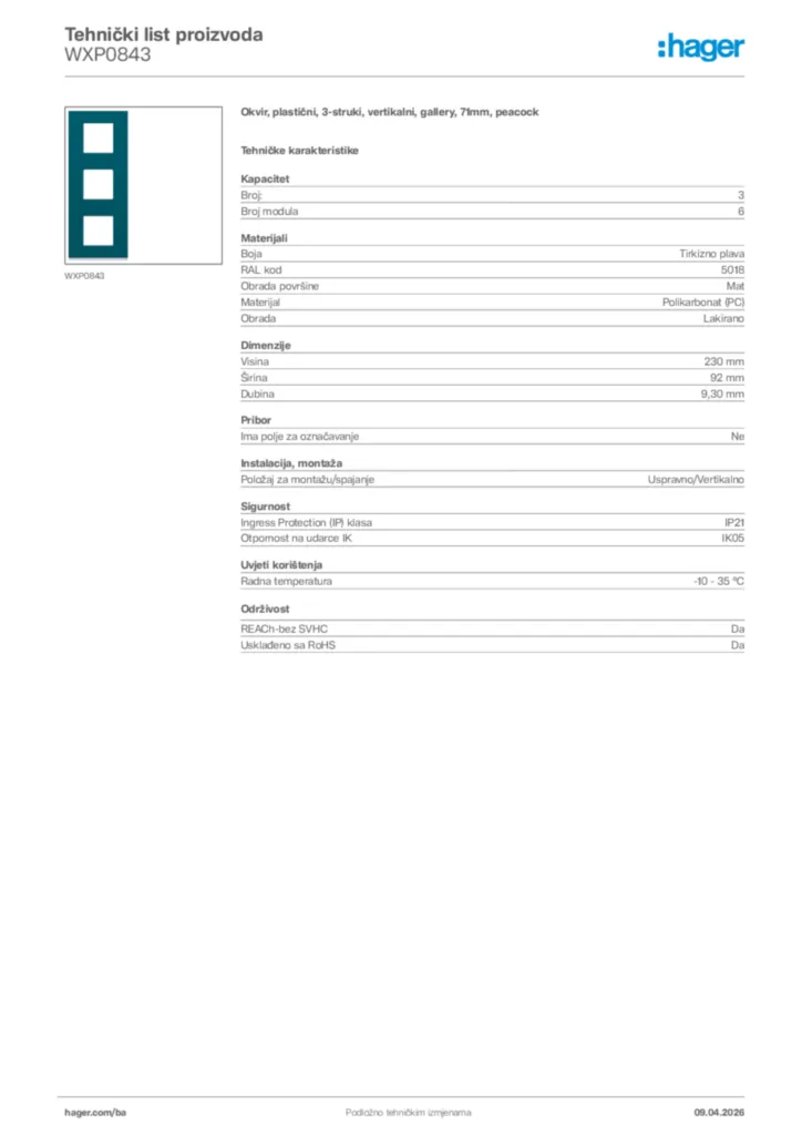 Slika Hager Tehnički list proizvoda WXP0843  | Hager