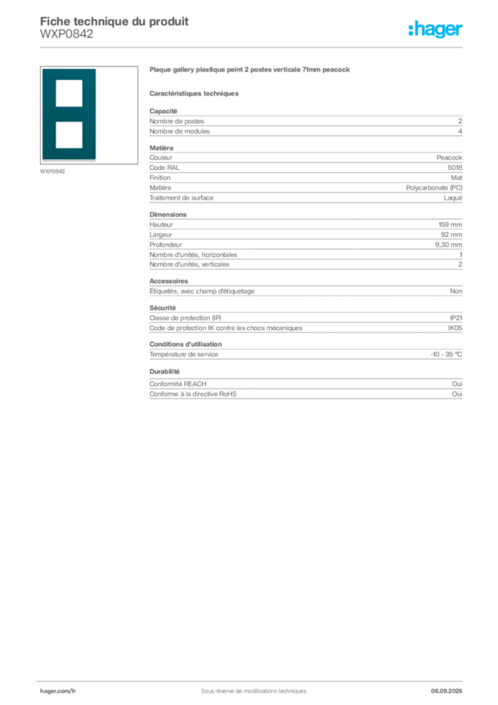 Image Hager Fiche technique du produit WXP0842 | Hager France