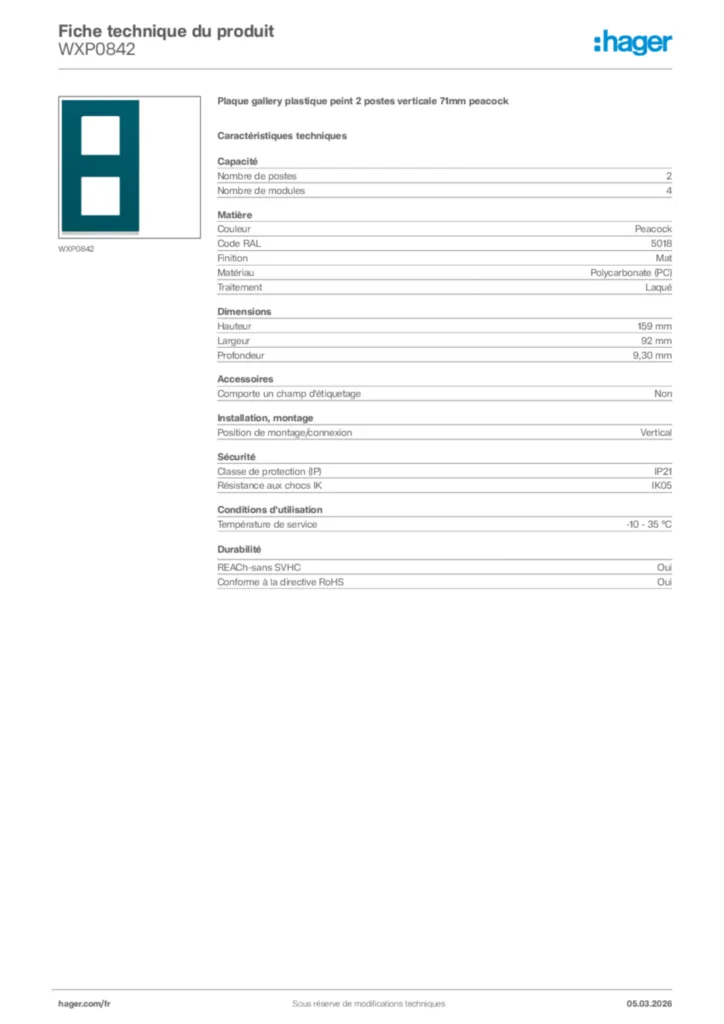 Image Hager Fiche technique du produit WXP0842 | Hager France