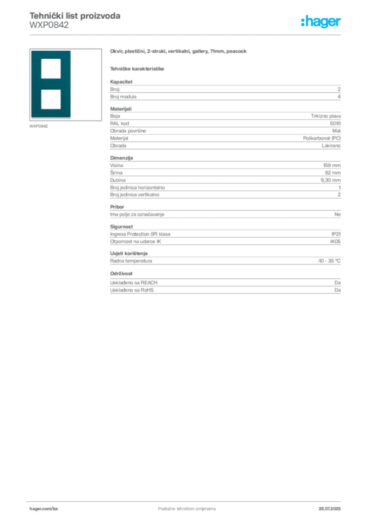 Slika Hager Product data sheet WXP0842  | Hager