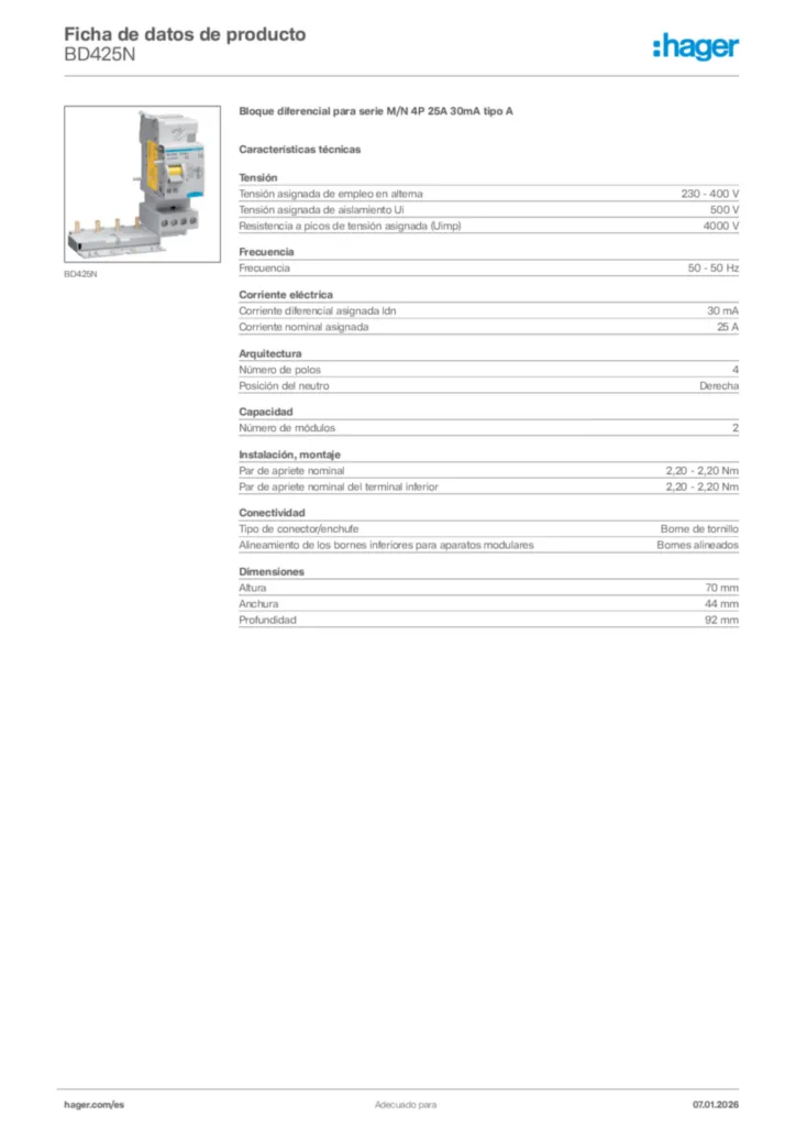 Imagen Hager Ficha de datos de producto BD425N | Hager España