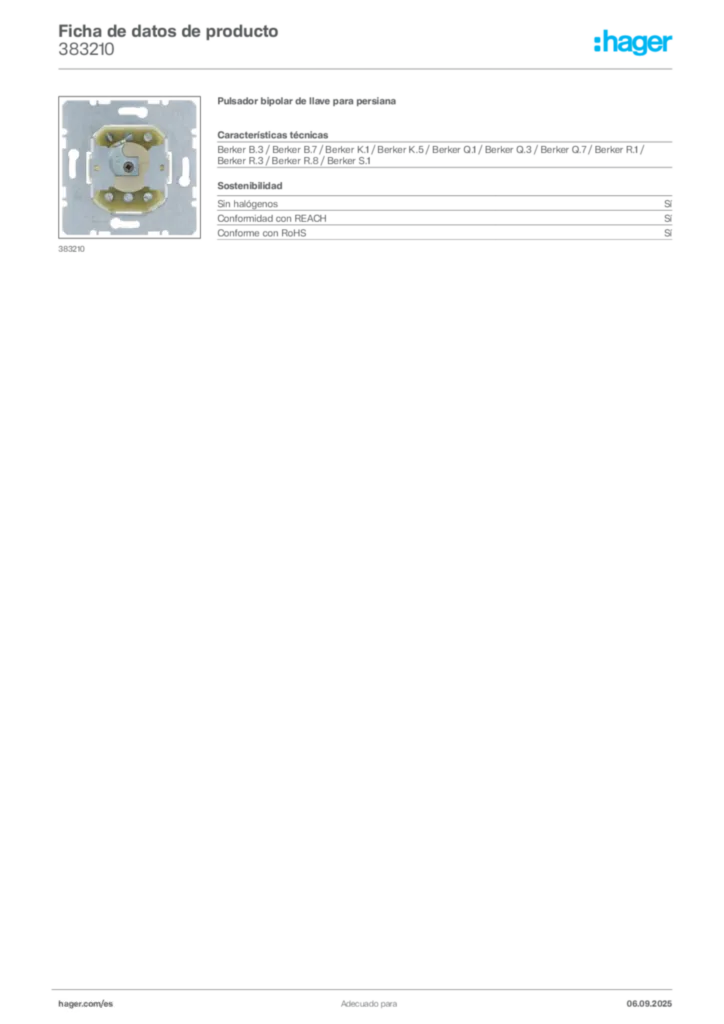 Imagen Hager Ficha de datos de producto 383210 | Hager España