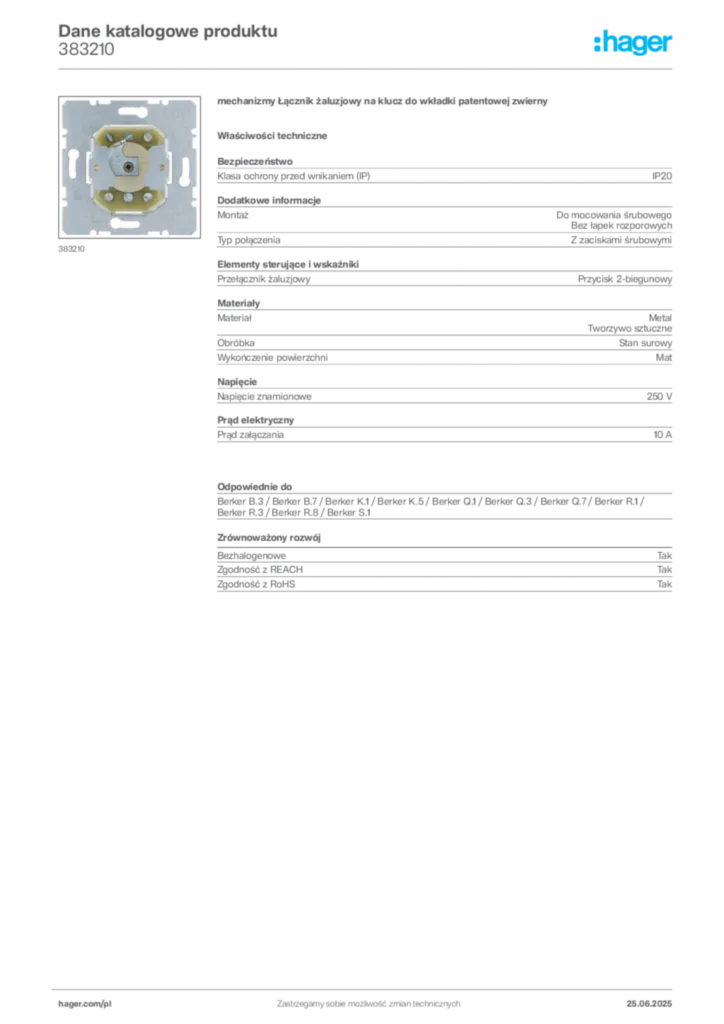 Zdjęcie Hager Karta katalogowa 383210 | Hager Polska