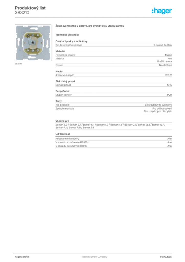 Obrázek Hager Produktový list 383210 | Hager