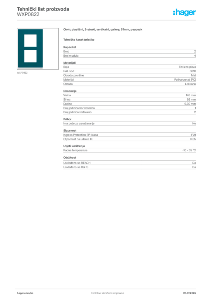 Slika Hager Product data sheet WXP0822  | Hager