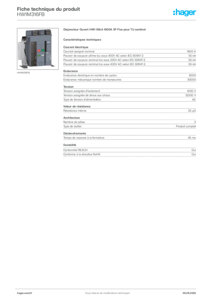 Image Hager Fiche technique du produit HW1M316FB | Hager France
