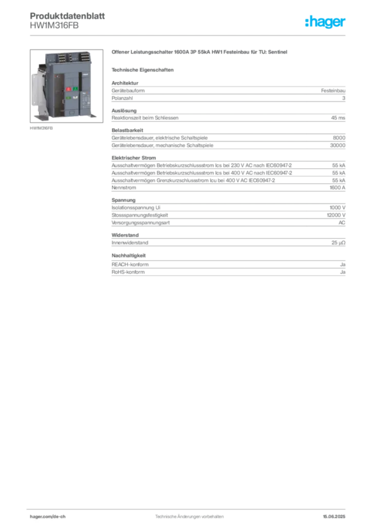 Bild Hager Produktdatenblatt HW1M316FB | Hager Schweiz