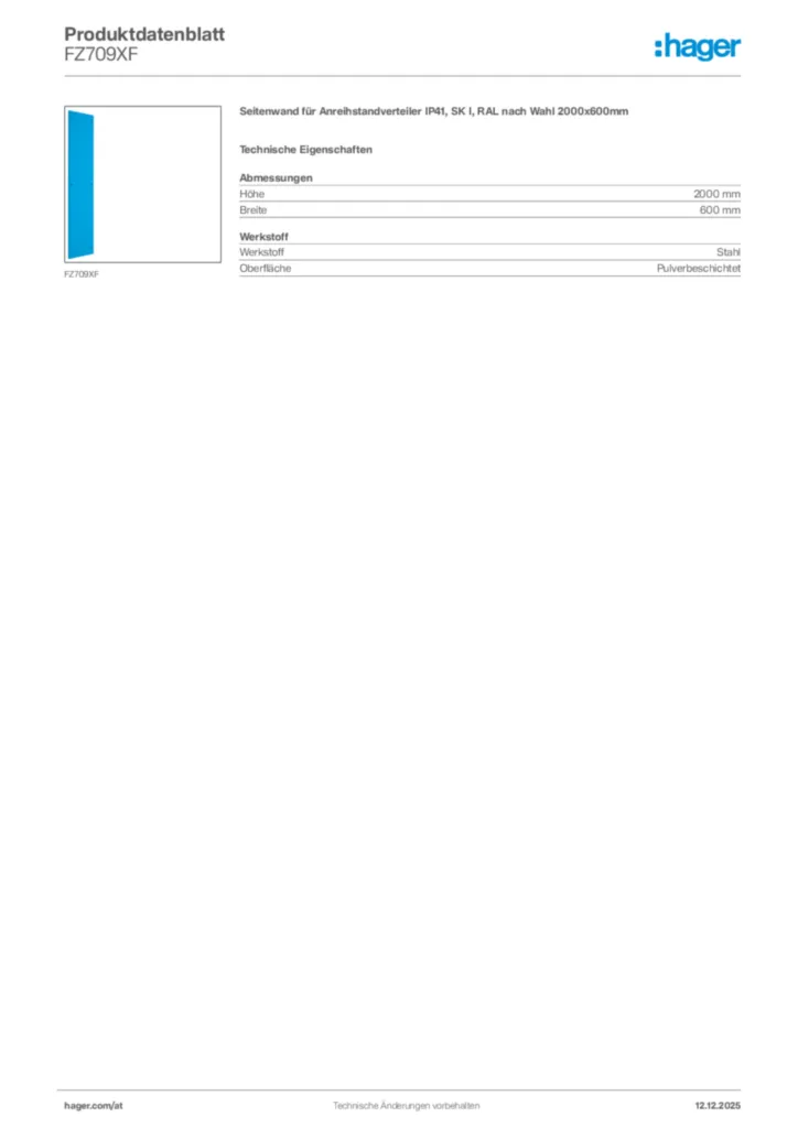 Bild Hager Produktdatenblatt FZ709XF | Hager Deutschland