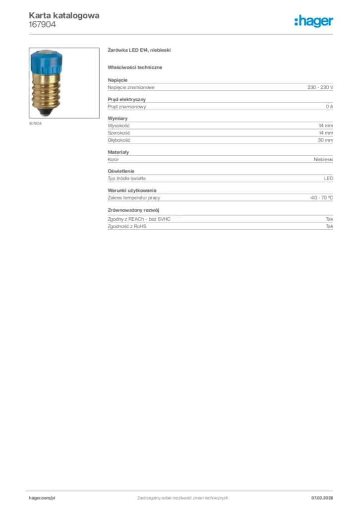 Zdjęcie Hager Karta katalogowa 167904 | Hager Polska