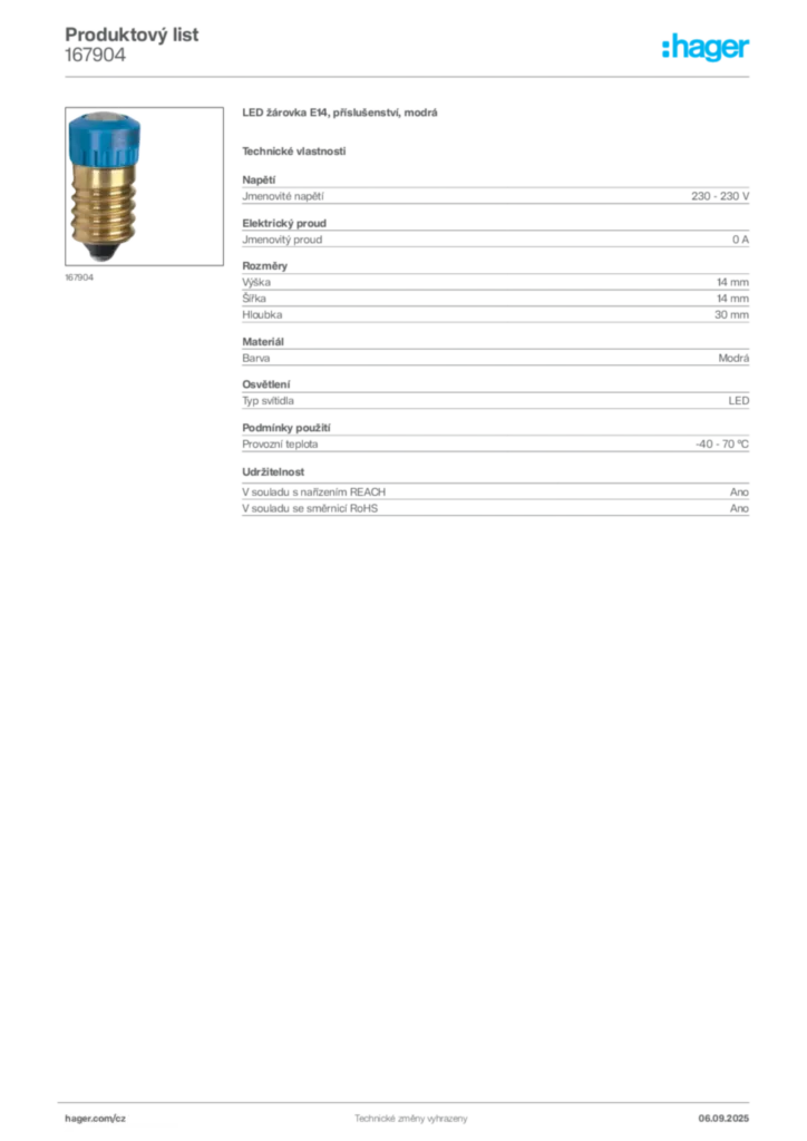 Obrázek Hager Produktový list 167904 | Hager