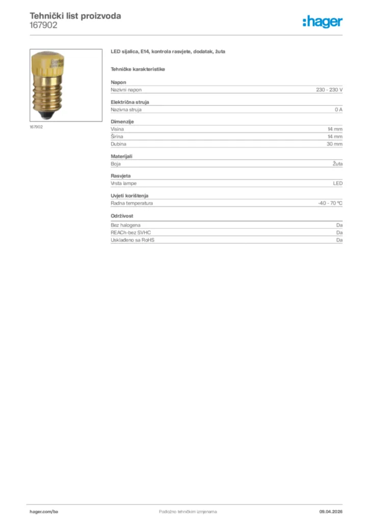 Slika Hager Tehnički list proizvoda 167902  | Hager