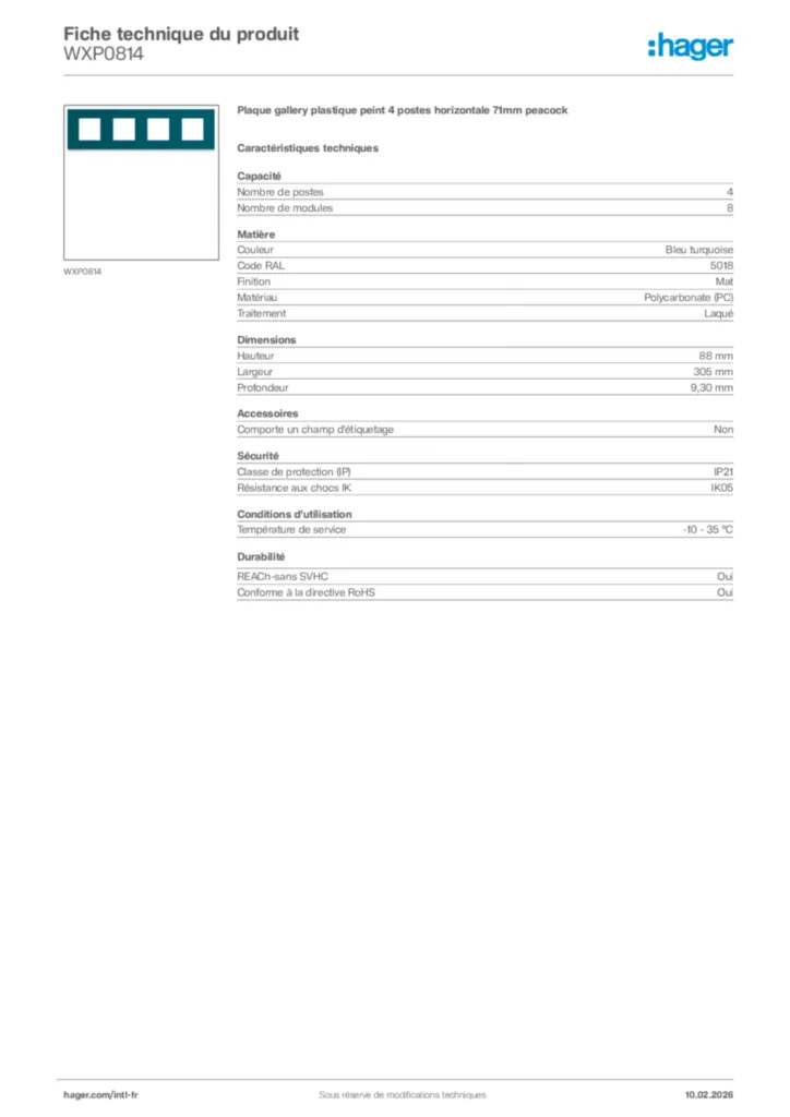 Image Hager Fiche technique du produit WXP0814 | Hager Afrique