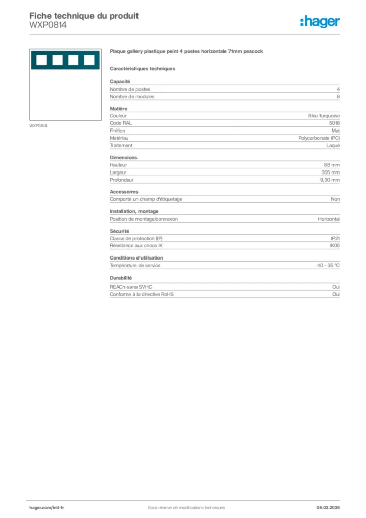 Image Hager Fiche technique du produit WXP0814 | Hager Afrique