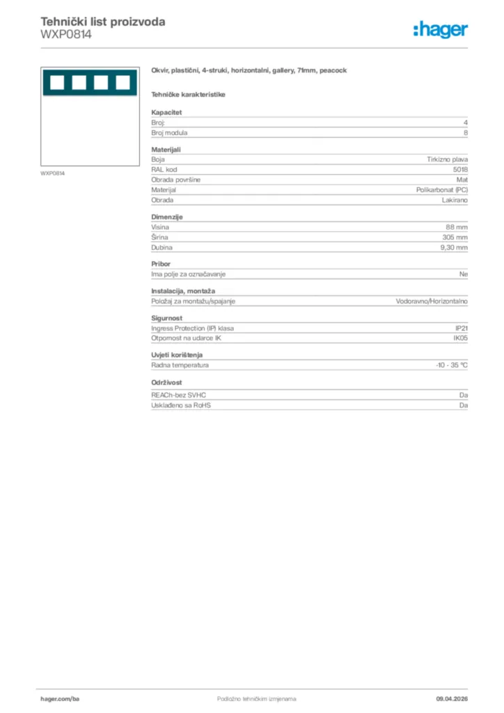 Slika Hager Tehnički list proizvoda WXP0814  | Hager