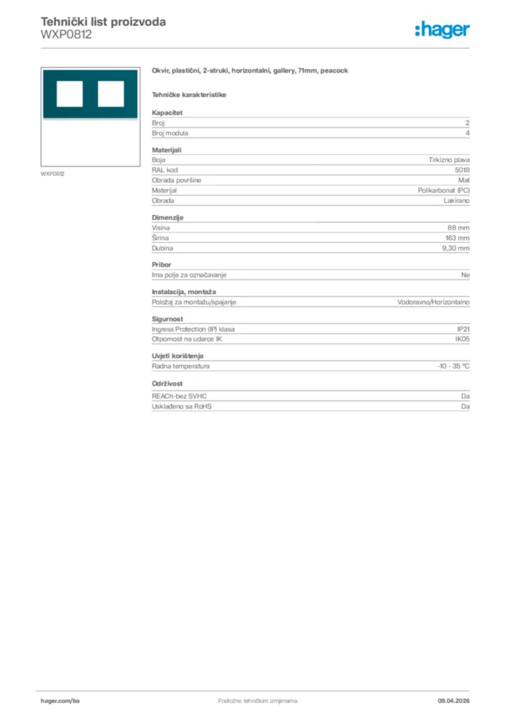 Slika Hager Tehnički list proizvoda WXP0812  | Hager