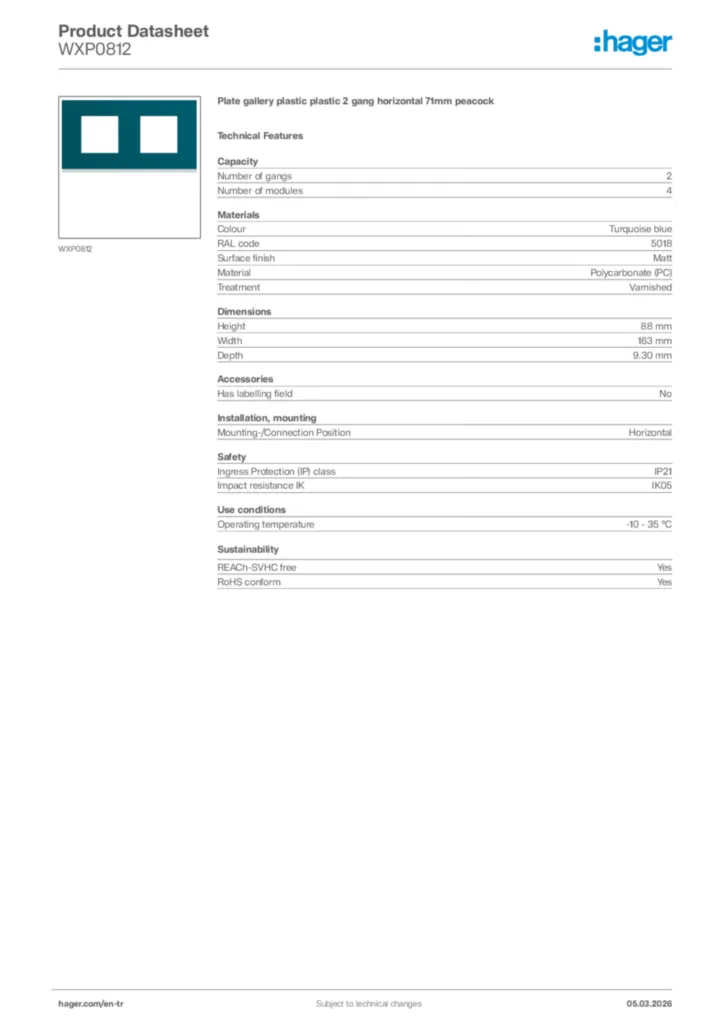 Image Hager Product data sheet WXP0812  | Hager