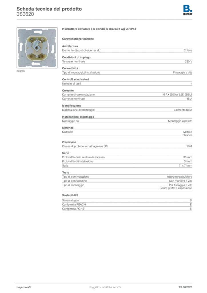 Immagine Berker Scheda tecnica del prodotto 383620 | Hager Italia