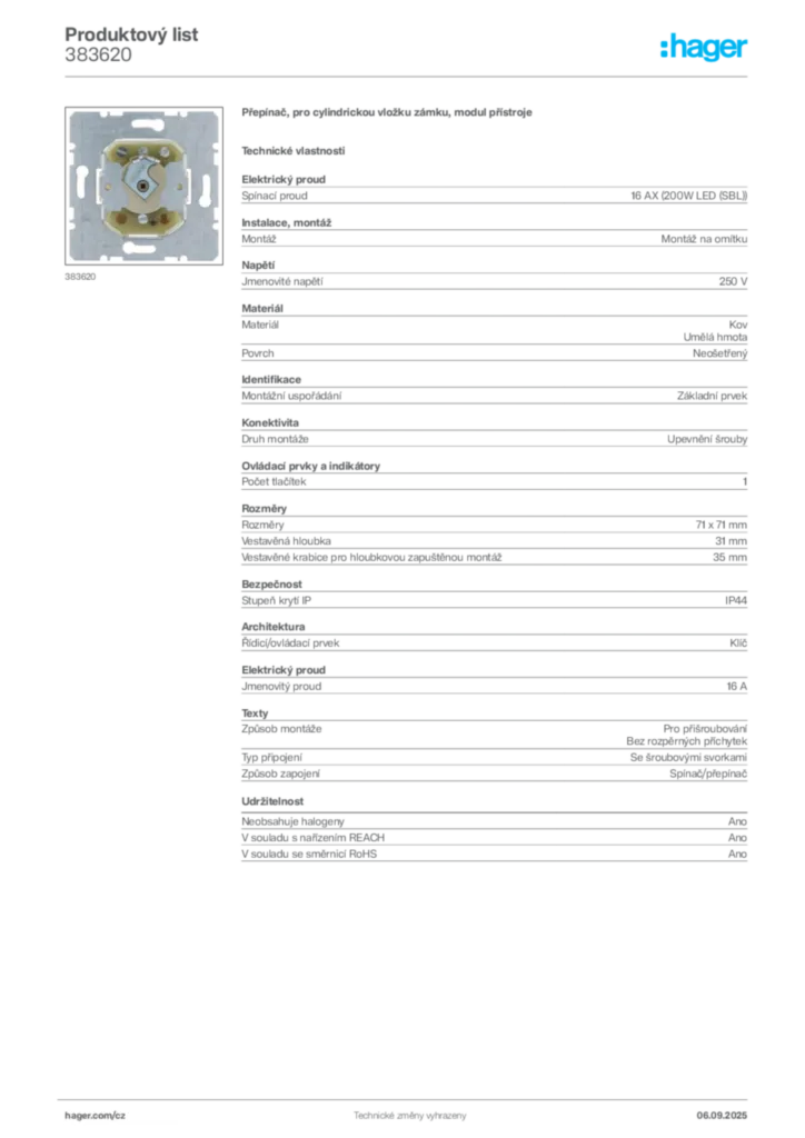 Obrázek Hager Produktový list 383620 | Hager