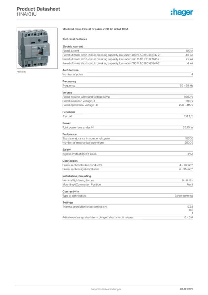 Image Hager Product data sheet HNA101U  | Hager Africa