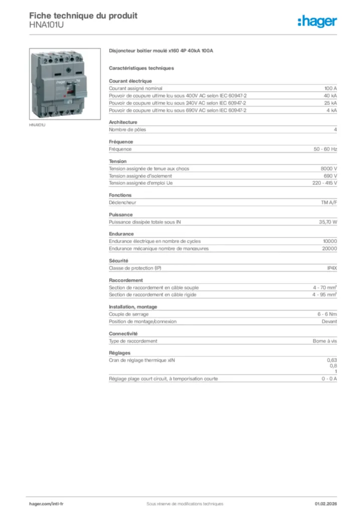 Image Hager Fiche technique du produit HNA101U | Hager Afrique