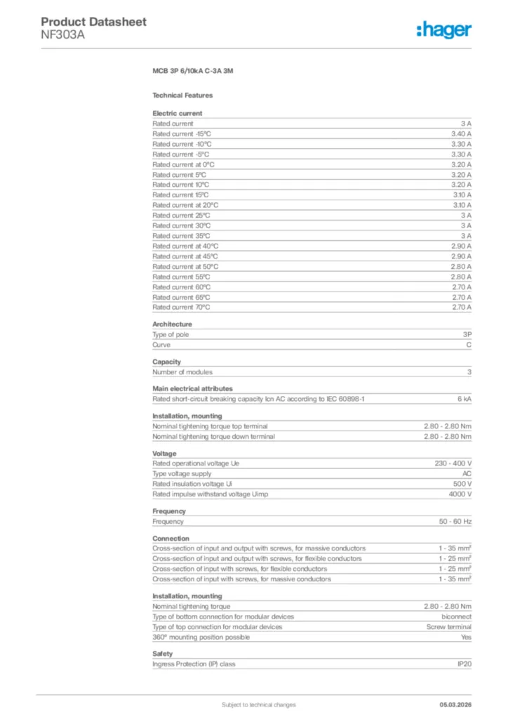 Image Hager Product data sheet NF303A  | Hager Africa