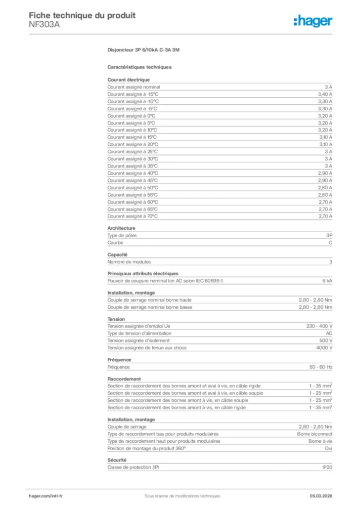 Image Hager Fiche technique du produit NF303A | Hager Afrique