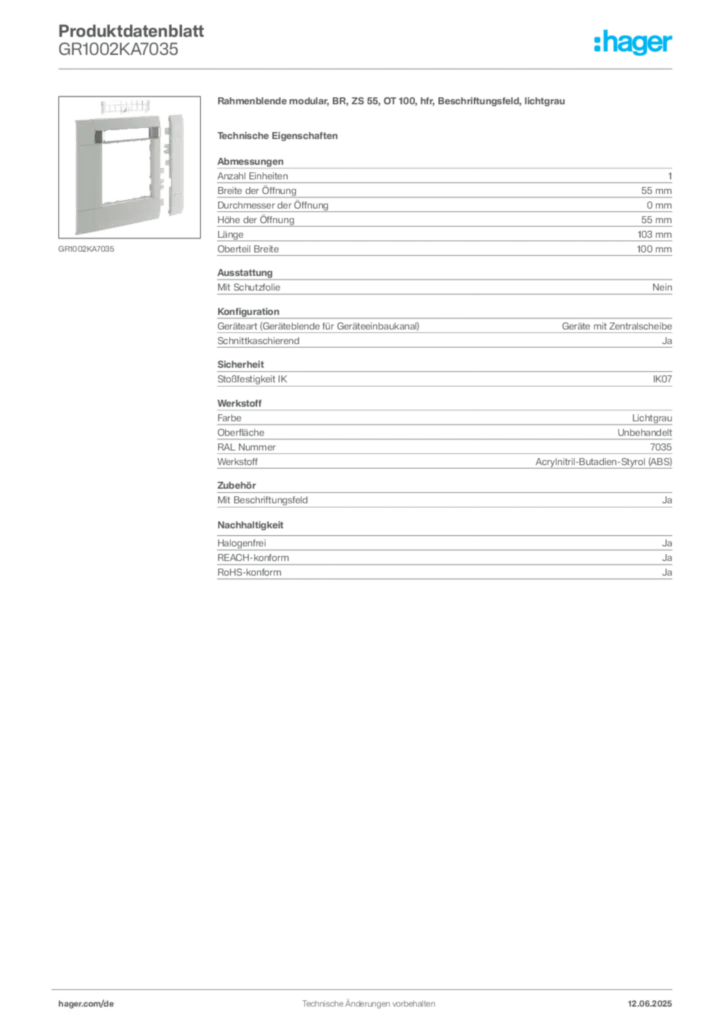 Bild Hager Produktdatenblatt GR1002KA7035 | Hager Deutschland